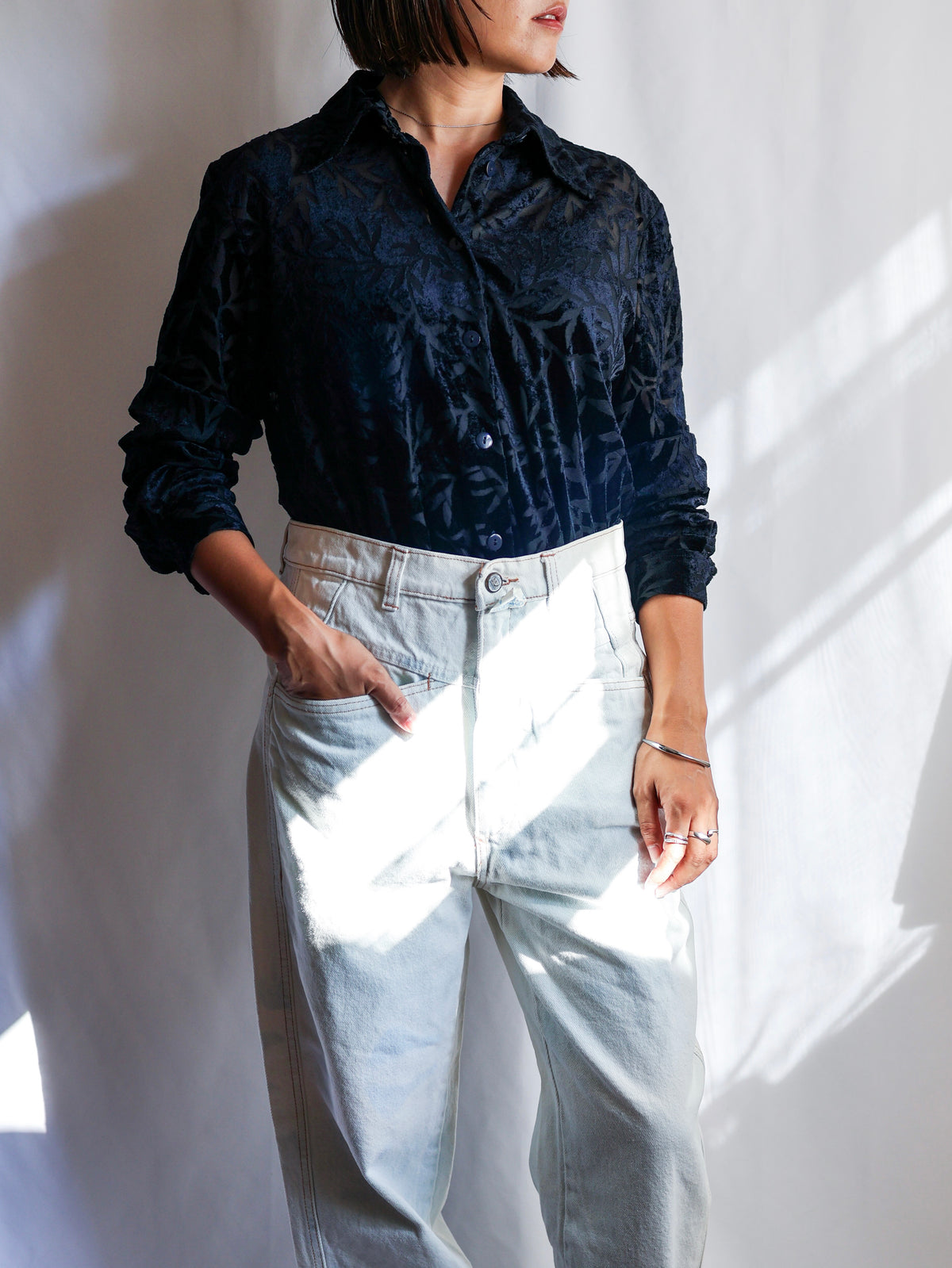 【sizeXL】1990’s Sheer Velvet Leaf Pattern Shirt