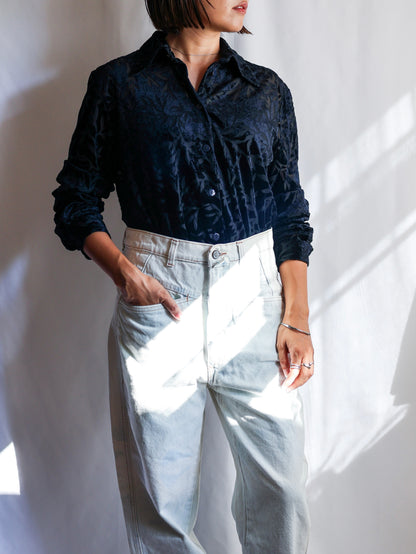 【sizeXL】1990’s Sheer Velvet Leaf Pattern Shirt