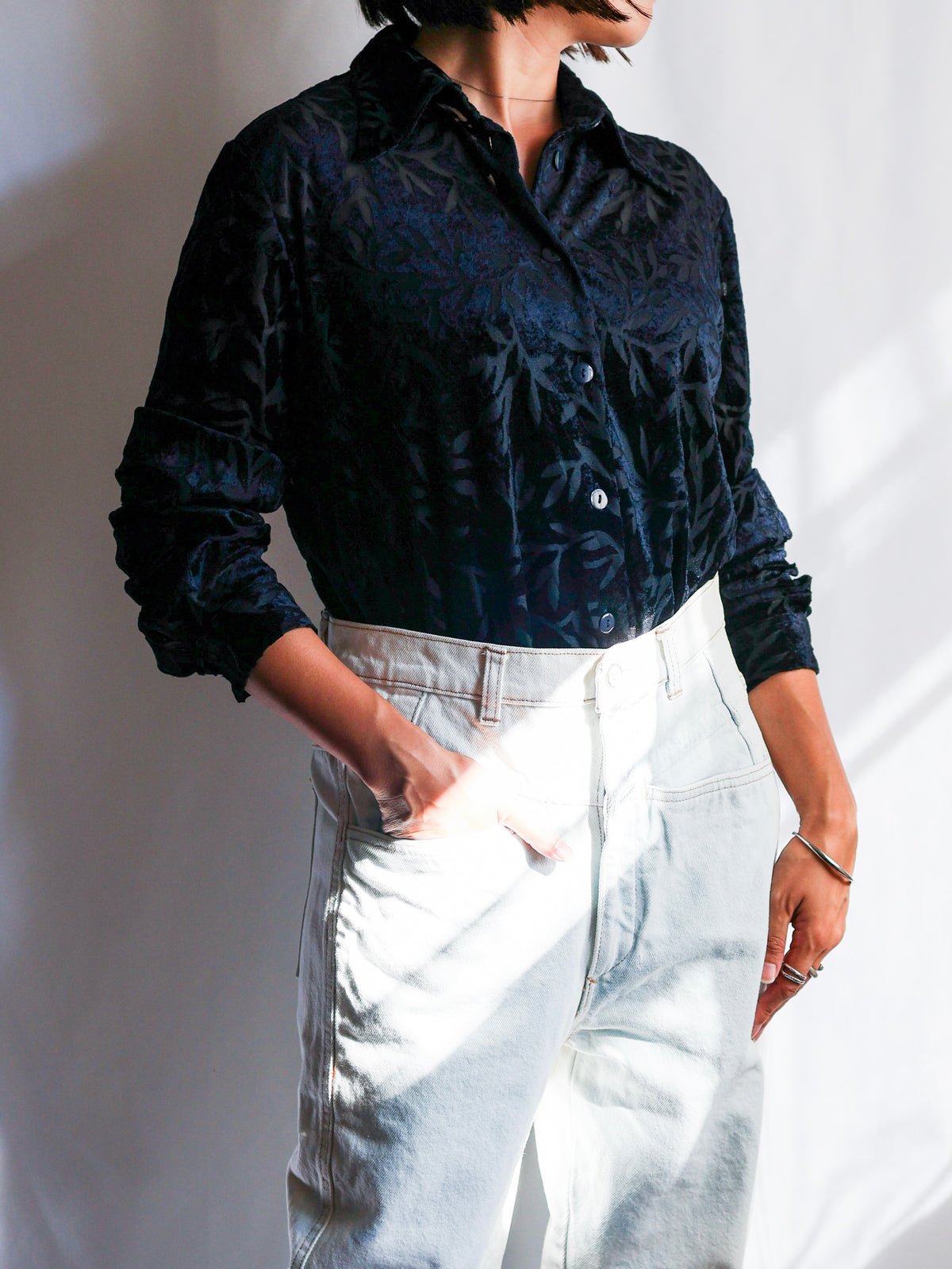 【sizeXL】1990’s Sheer Velvet Leaf Pattern Shirt