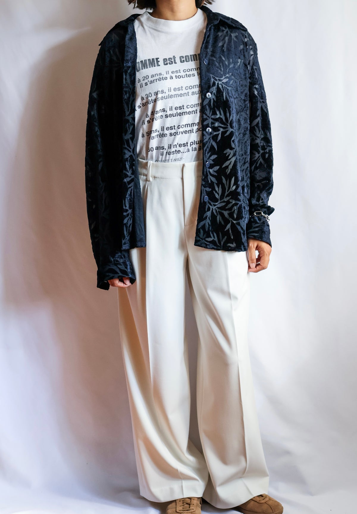 【sizeXL】1990’s Sheer Velvet Leaf Pattern Shirt