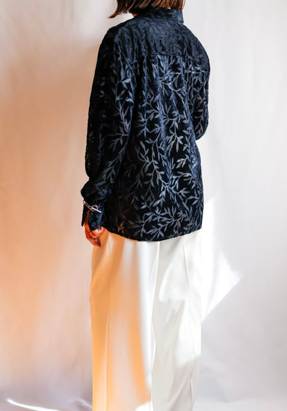 【sizeXL】1990’s Sheer Velvet Leaf Pattern Shirt